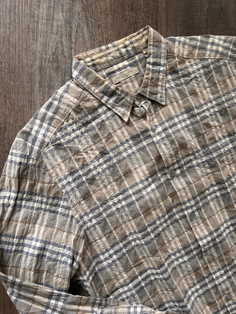 Burberry Brit modern tan gray signature plaid logo button authentic shirt Medium